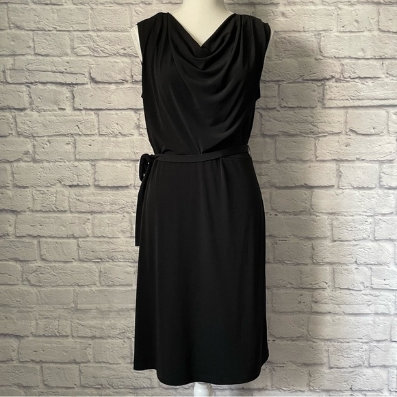 RW & CO Cowl Neck Sleeveless Tie Waist Midi Little Black Dress Size Medium - Picture 2 of 10